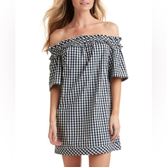 Vineyard Vines Black + White Gingham Off The Shoulder Dress - Picture 1 of 2